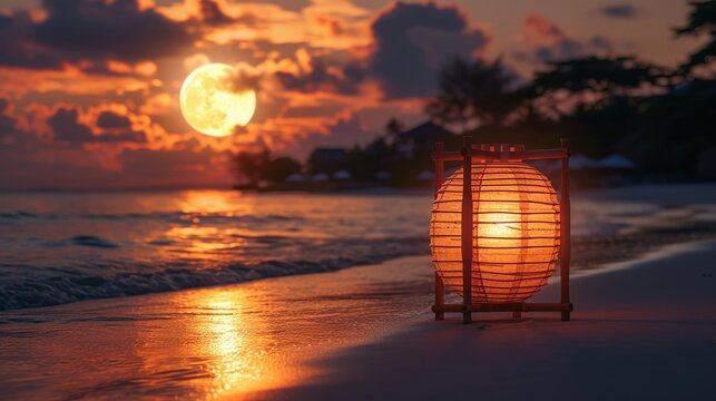 Romantic beach scene with lantern light against sunset and moonrise backdrop