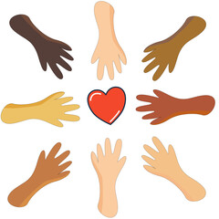 Multi ethnic group holding hands to heart.
Unity, support and collaboration concept