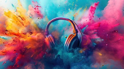 World music day banner with headphones on abstract colorful dust background. Music day event and musical instruments colorful design - obrazy, fototapety, plakaty