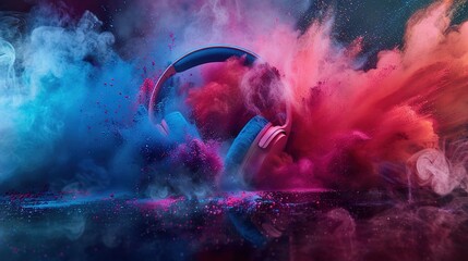 World music day banner with headphones on abstract colorful dust background. Music day event and...