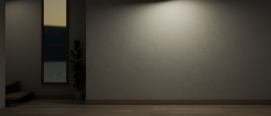 A modern empty room at night with a dim light on the white wall, parquet floor, and a window.
