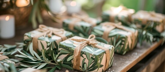 A row of gift boxes wrapped in green paper sit on a wooden table, creating a festive display amid the terrestrial plants and grass in the landscape