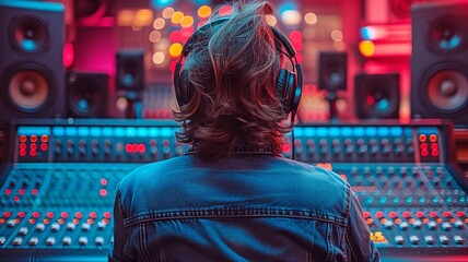 Obraz premium headphones with a sound engineer. in a studio for recording.