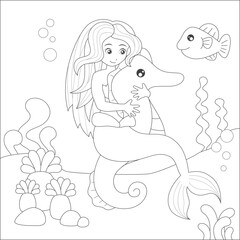 coloring mermaid and sea horse