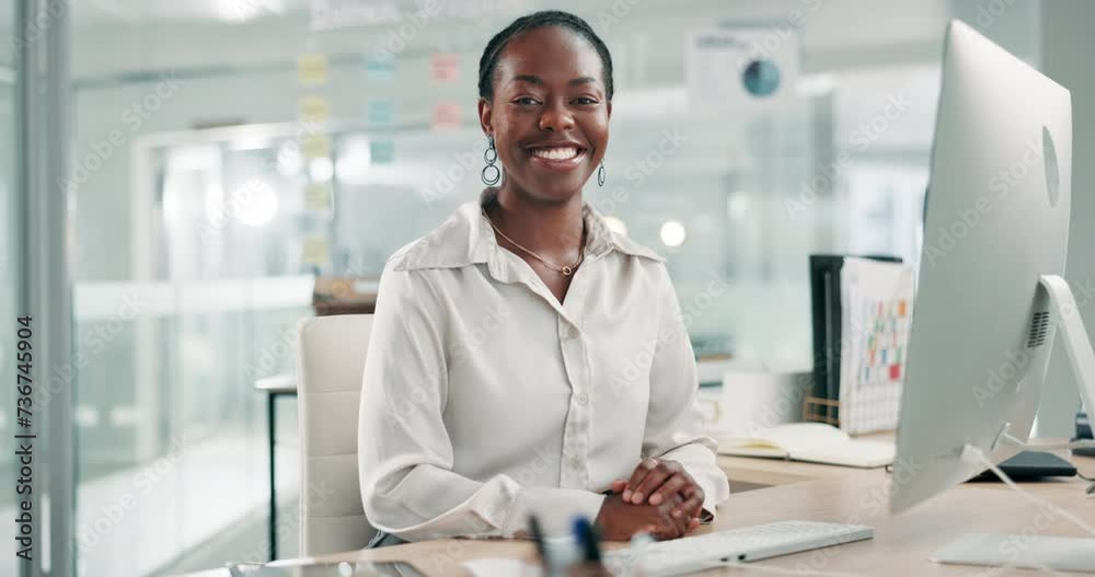 Poster happy, business and face of black woman with computer in office for crm, faq and schedule planning. 