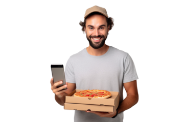 Young man in casual clothes hold italian pizza in cardboard flatbox use black screen mobile cell phone isolated on plain white background