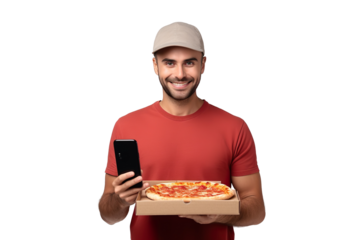 Young man in casual clothes hold italian pizza in cardboard flatbox use black screen mobile cell phone isolated on plain white background