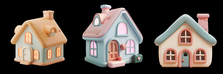3d icons set of house in clay toy styles.