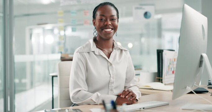 Happy, business and face of black woman with computer in office for crm, faq and schedule planning. Smile, portrait or Africa manager online with pc for client communication, consulting or networking