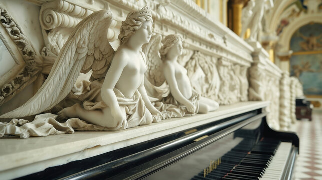 A pair of marble angels perched atop a grand piano seem to dance along with the lively melodies played during a Renaissance Gothic music recital.