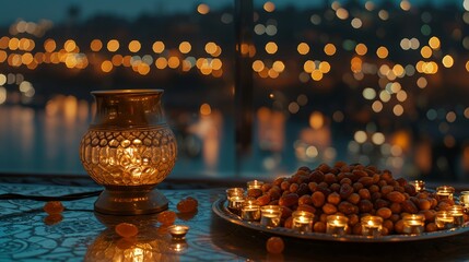 Warmly Lit Lamp and Golden Platter of Dates Offering a Festive Evening Ambiance