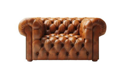 A traditional brown leather Chesterfield sofa couch is original and isolated on a transparent background. PNG file, cut out