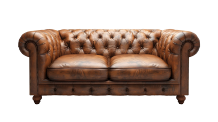 A traditional brown leather Chesterfield sofa couch is original and isolated on a transparent background. PNG file, cut out