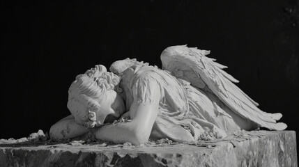 A fallen angel lying on a cold stone slab a symbol of the final resting place for those who have lost their place a the divine.