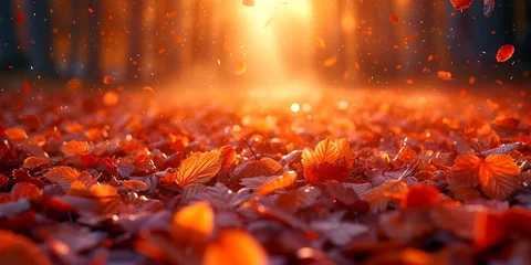 Deurstickers Enchanting autumn forest ground covered with golden fallen leaves in sunlight © rorozoa