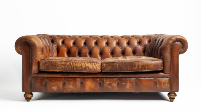 A traditional brown leather Chesterfield sofa couch is original and isolated on a transparent background. PNG file, cut out
