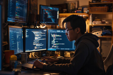 Late Night Coding: Software Developer at Work with Multiple Screens