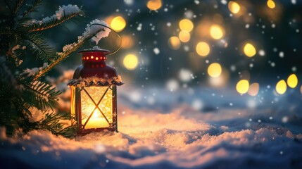 Christmas lantern on snow with fir branch in evening scene