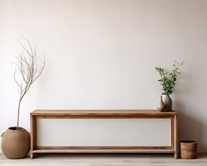a wooden shelf with vases and plants in front of a white wall - obrazy, fototapety, plakaty