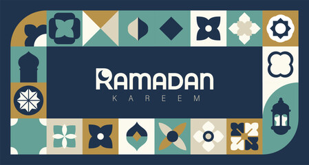 Islamic festival poster background design in flat geometric style, arabic calligraphy, crescent moon and lantern. Suitable for Ramadan Kareem , Hari Raya, Eid Mubarak, Eid al Adha. - obrazy, fototapety, plakaty
