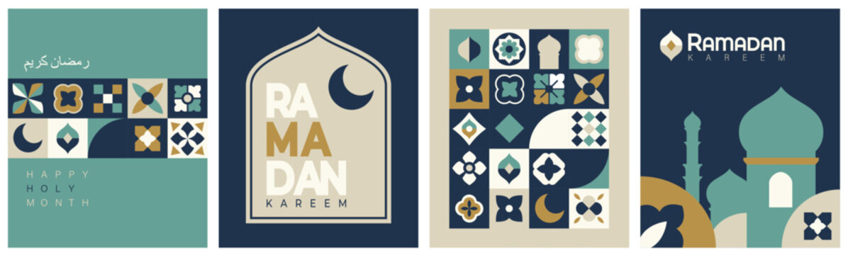 Islamic festival poster background design in flat geometric style, arabic calligraphy, crescent moon and lantern. Suitable for Ramadan Kareem , Hari Raya, Eid Mubarak, Eid al Adha.