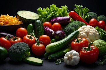 A vibrant display of fresh vegetables and foods, perfectly isolated against a dark background with a soft back light.