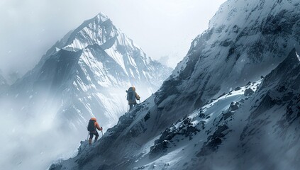 Two climbers climbing on a dangerous glacier mountain alps with ice and snow, background, wallpaper, hiking	 - obrazy, fototapety, plakaty