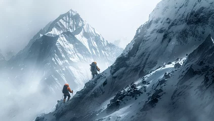 Foto op Aluminium Two climbers climbing on a dangerous glacier mountain alps with ice and snow, background, wallpaper, hiking  © IgnacioJulian