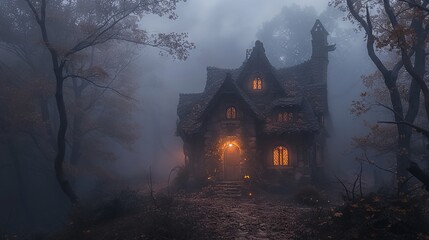 Fototapeta na wymiar Atmospheric Halloween scene with a hauntingly serene house at sunset