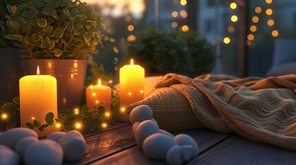 Cozy terrace corner with warm candlelight and blankets creating an intimate atmosphere