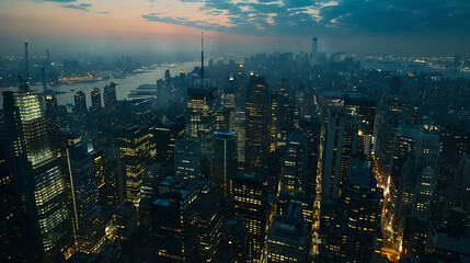 Fototapeta premium Overhead view of a modern metropolitan city at dusk. Generative AI illustration 