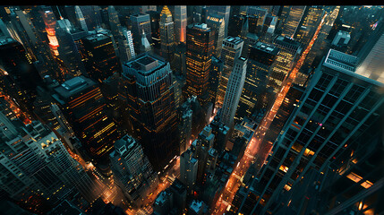 Overhead view of a modern metropolitan city at dusk. Generative AI illustration 