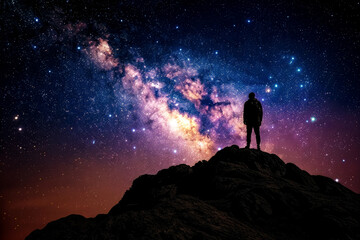 silhouette of a person on the top of the mountain looking up at the Milky Way - obrazy, fototapety, plakaty