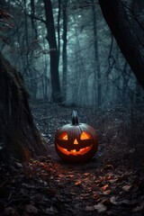 Carved Pumpkin Lantern in Eerie Blue Forest