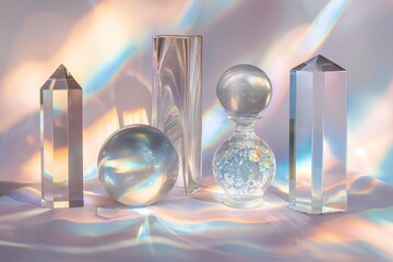 Glass geometric figures prism, ball, cube, with light refractions and complex reflection with trendy dreaming light and hard shadows on a grey background.