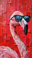 paintig of a pink Flamingo with Sunglasses on red background with geometric forms