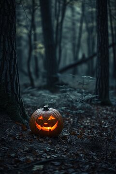 Carved Pumpkin Lantern in Eerie Blue Forest