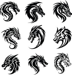 dragon silhouette, logo, set vector illustration