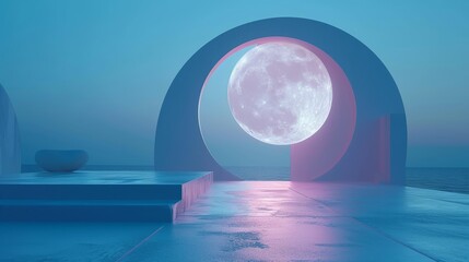 Pastel sunrise over tranquil sea framed by a minimalist arch in a dreamy scape