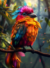 Highly detailed digital painting of a colorful bird sitting on a branch in the forest. Ai generated.