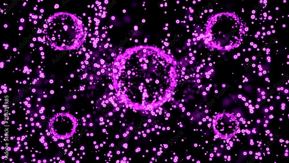 Poster animation with moving stream of bubbles and large circles. design. balls in space with distortion of