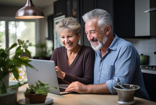 a man and woman looking at a laptop