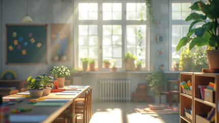 Classroom scene bathed in natural light creating a warm and inviting educational environment - obrazy, fototapety, plakaty