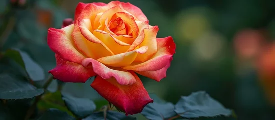  A macro shot of a red and yellow Hybrid tea rose, with its vibrant petals and leaves in the background. This annual terrestrial plant belongs to the Rose order, specifically Rosa centifolia © 2ragon