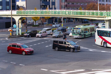 A traffic jam at the large crossing in Kyoto daytime