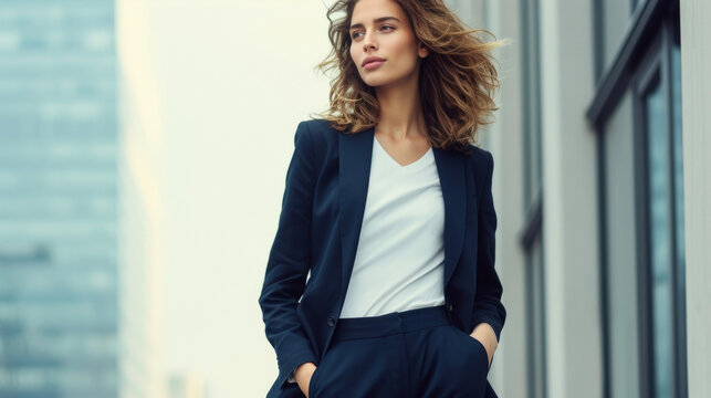A welltailored navy blue blazer paired with straightleg trousers and a simple white tee creating a timeless and sophisticated look for a business meeting.