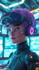 Fototapeta premium Cartoon digital avatar of a female hightech CEO with short purple hair and a futuristic headset, surrounded by holographic screens and devices.