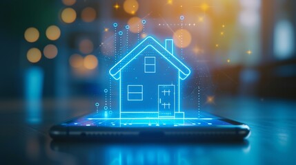 Smartphone with Home icon on Screen. Smart Home Technology, Internet of Things Concept, Home Automation Control System on Mobile Application