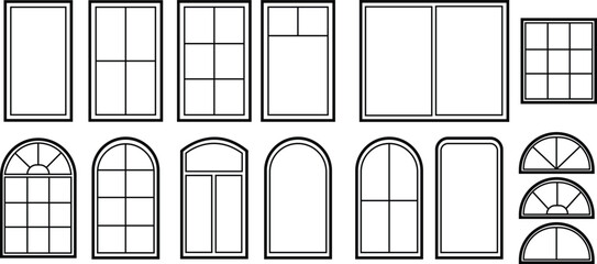 Se of Window frames. Silhouette of window. Outline icons of house and building. Decorative arch and frame for office, architecture. Closed balcony in wall. Editable exterior on transparent background.