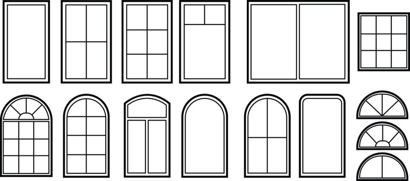 Se of Window frames. Silhouette of window. Outline icons of house and building. Decorative arch and frame for office, architecture. Closed balcony in wall. Editable exterior on transparent background.